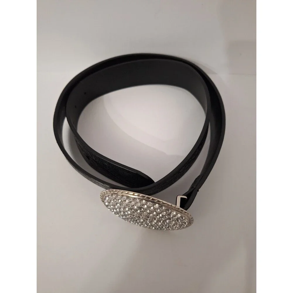 Women's Genuine Leather Tooled Western Belt Sz XXL Black Rhinestone Bling Buckle